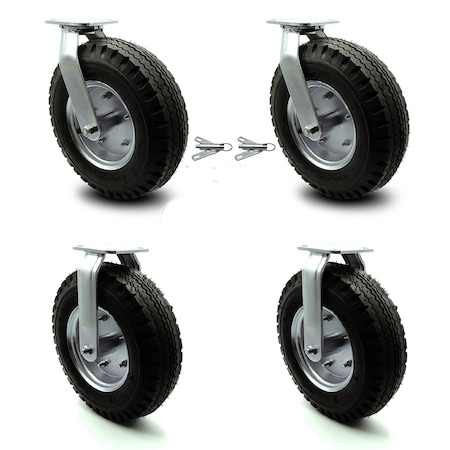 12 Inch Black Pneumatic Wheel Caster Swivel With Swivel Locks And 2 Rigid, 2PK